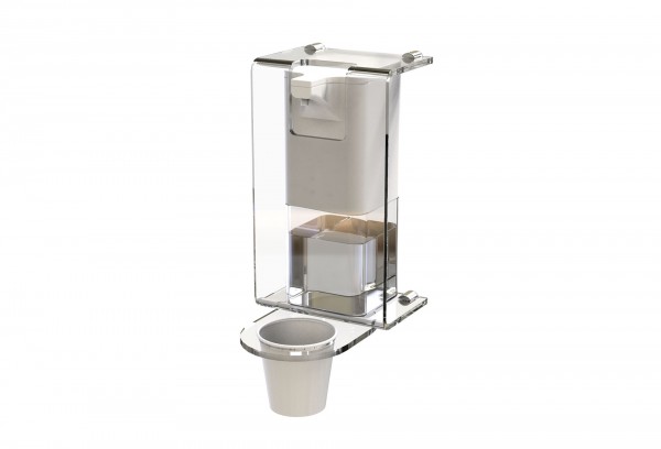 Becherhalter aus Acrylglas, mit Auffangbecher für Desinfektionsmittel / Tropfreste