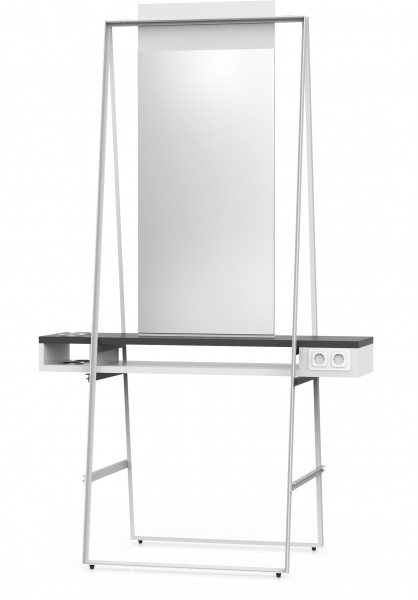 Styling unit for 2 persons with 1 mirror and 1 double power socket on both sides, with integrated hair dryer support